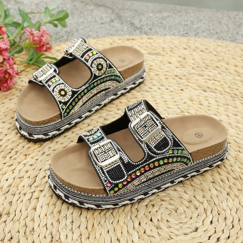 New Cross border Foreign Trade Thick Bottom Hemp Rope Double Button Water Diamond Cork Beach Slippers Large Women's Shoes