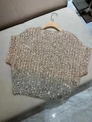 Exquisite sequin trimmed cotton mohair loose sweater