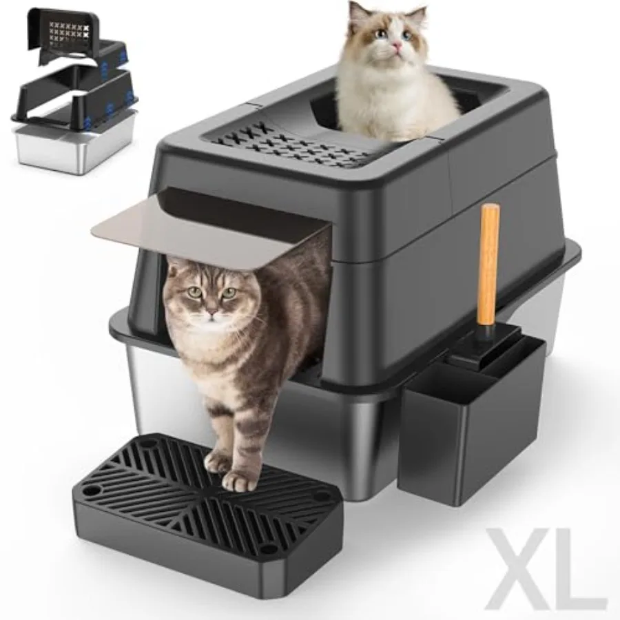 Stainless Steel Litter Box with Lid, XL Extra Large Enclosed Cat Litter Box Fits All Cats Modular Design with Flip Cover, Top E