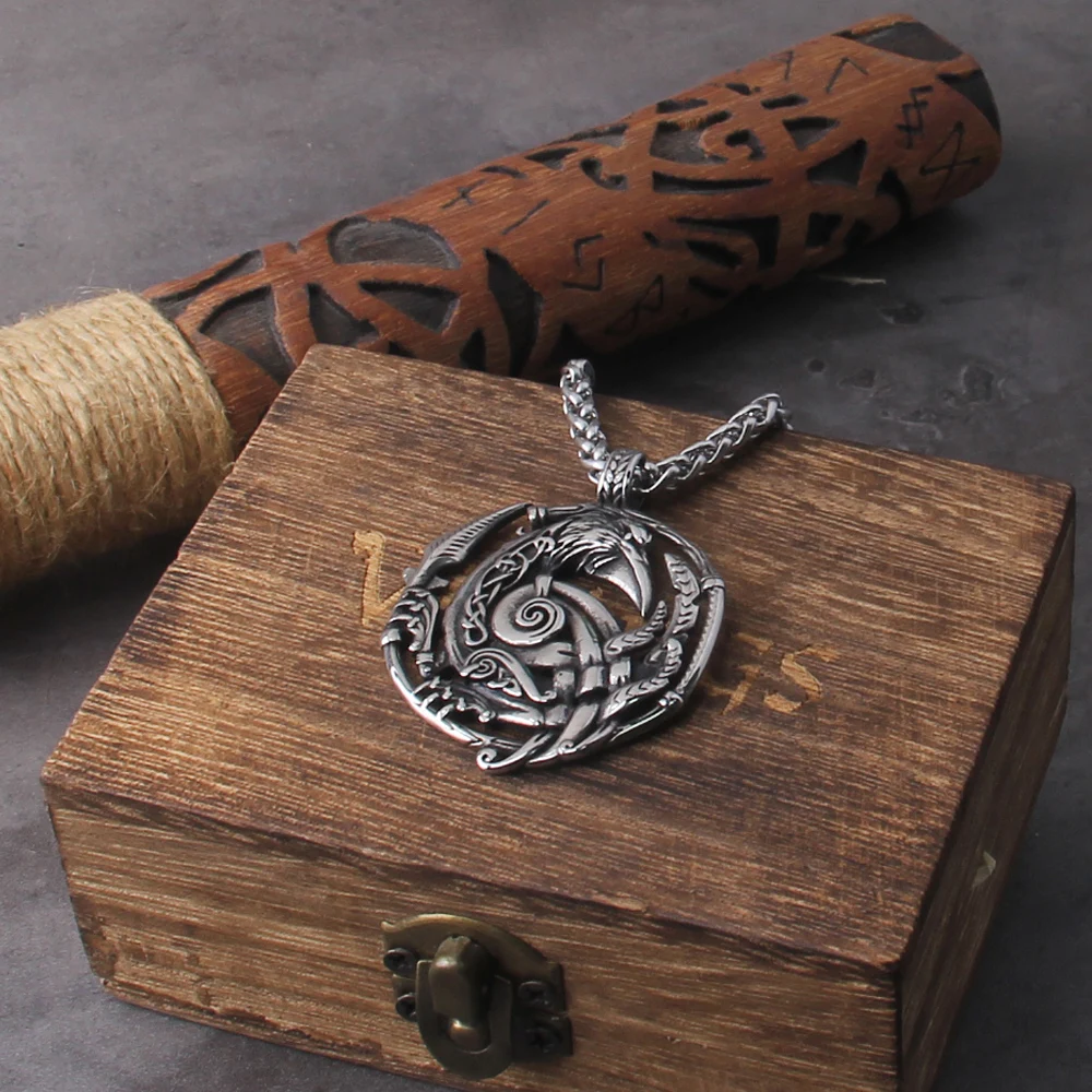 Celtic Knot Necklace Stainless Steel Viking Necklace with Odin Raven Pendant in Nordic Viking Style Packed in Wooden Box as Gift