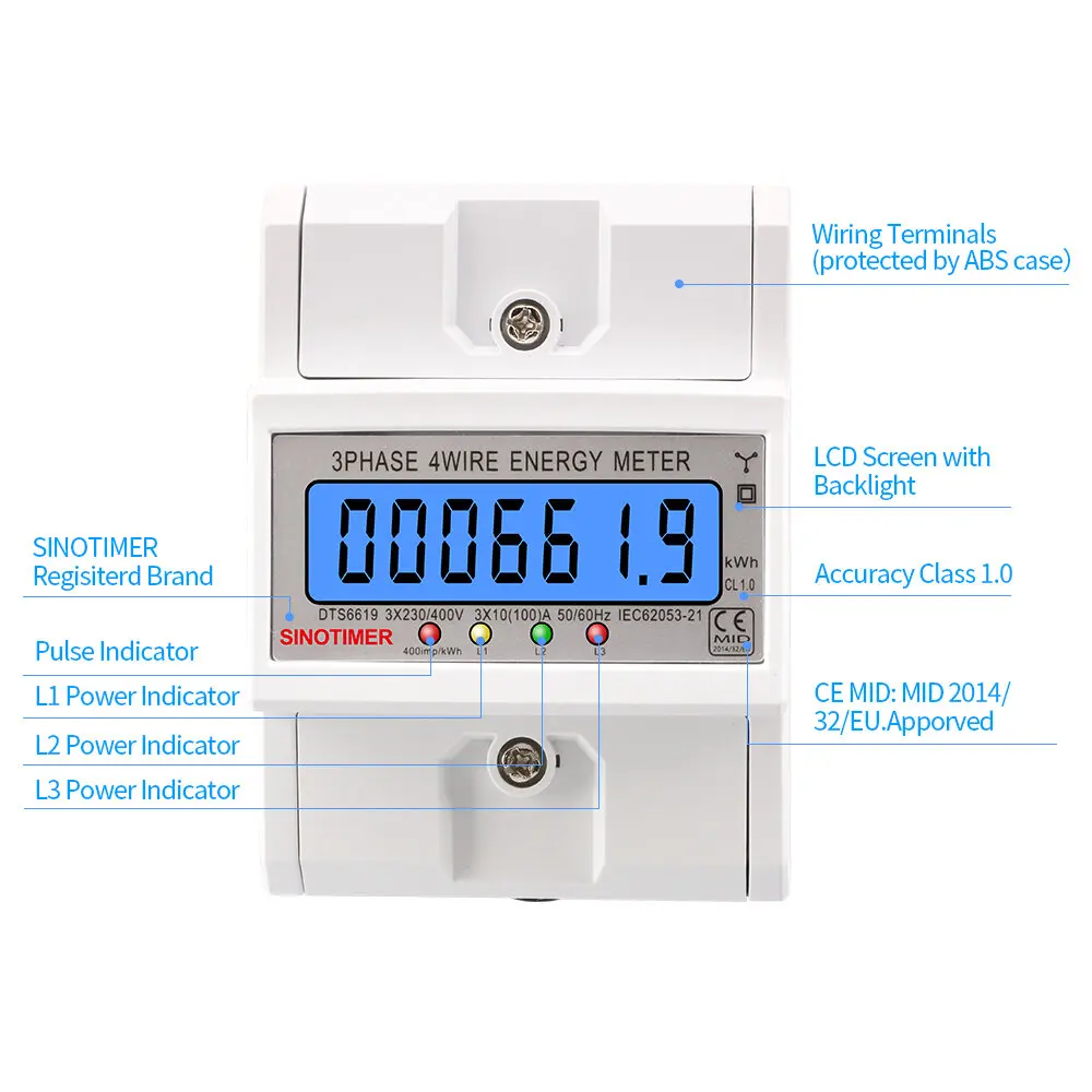 100A LCD Digital Display with Backlight Power Meter in Energy Meters Smart Electric Meter 3 Phase Kwh Meter DTS6619