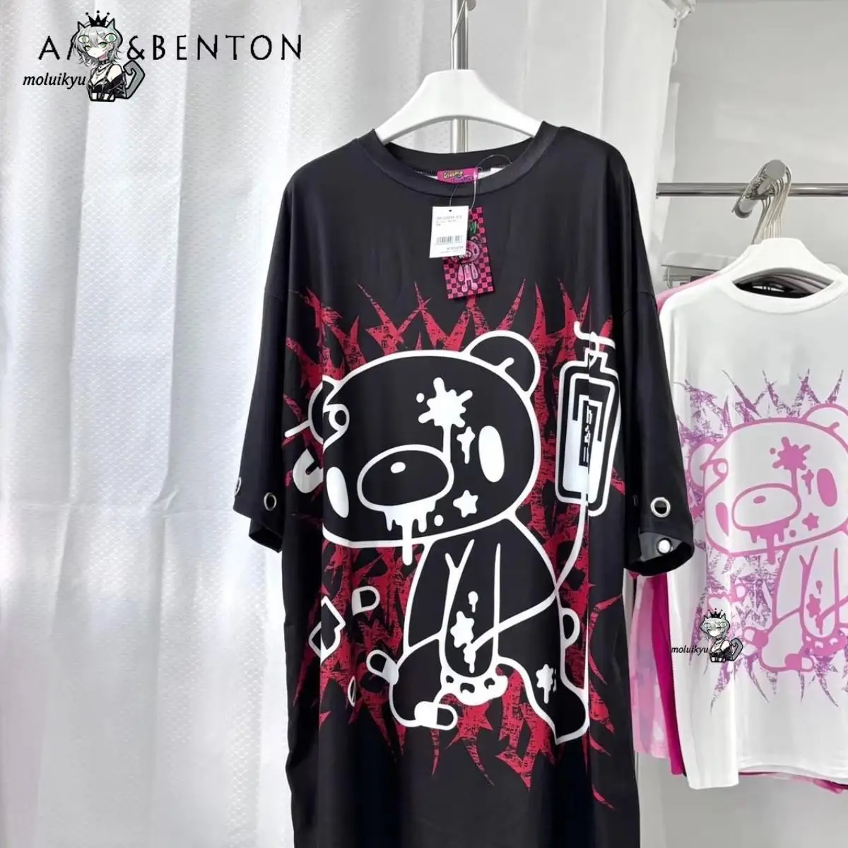 Y2K Japanese Dark Oversized Subculture Short-Sleeved T-Shirt Red Black Contrasting Colors Cartoon Printed Crew Neck Gothic Tops
