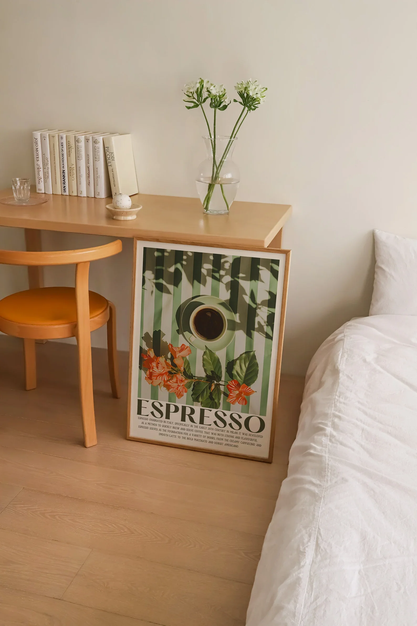 ملصق مطبخ جمالي مطبوع عليه قهوة اسبريسو عتيق مع كوب قهوة إيطالي على الطاولة لديكور المقهى #6