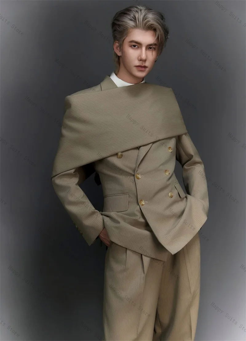 

Green Cotton Men Suit Set 2 Pcs Blazer+Pants Trousers Formal Office Coat With Stripe Wedding Tuxedo Customized Jacket Outfit