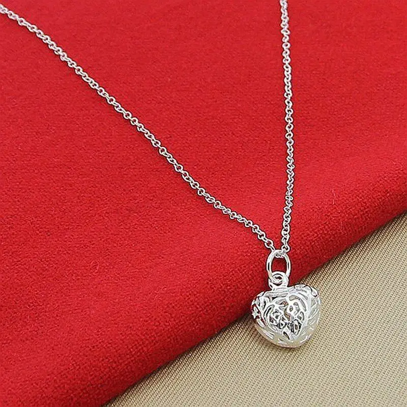 

925 Sterling Silver Hollow Love Heart Ball Pendant Chain Necklaces Accessories For Women