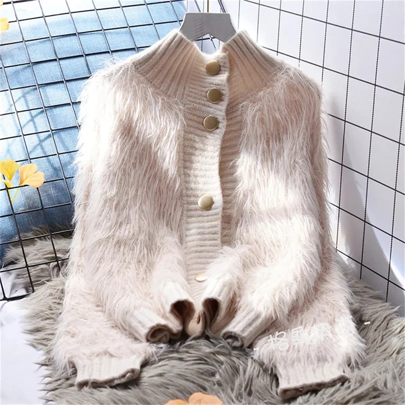 Fashionn Imitation Fur Coat Women's Outerwear Knit Jacket White Short Sweater Cardigan Women's Loose And Lazy Autumn New Korean