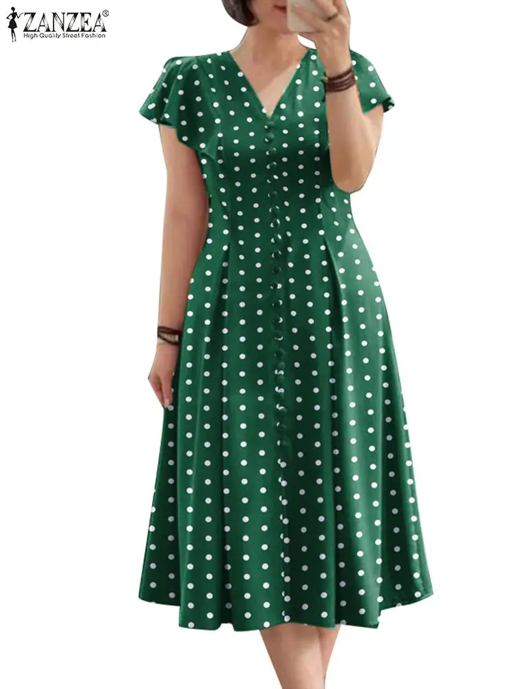 Fashion Summer Polka Dots Sundress ZANZEA Women V Neck Short Sleeve Dress Elegant Button Midi Robe Casual Holiday Party Vestidos