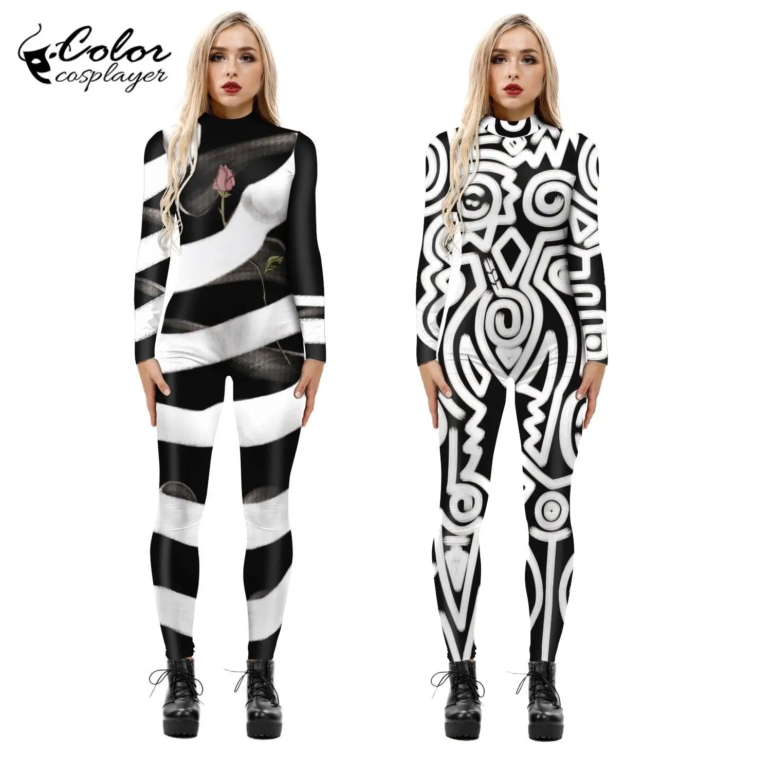 Cor cosplayer zentai halloween cosplay traje macacão feminino carnaval festa listra 3d impresso bodysuits elástico terno