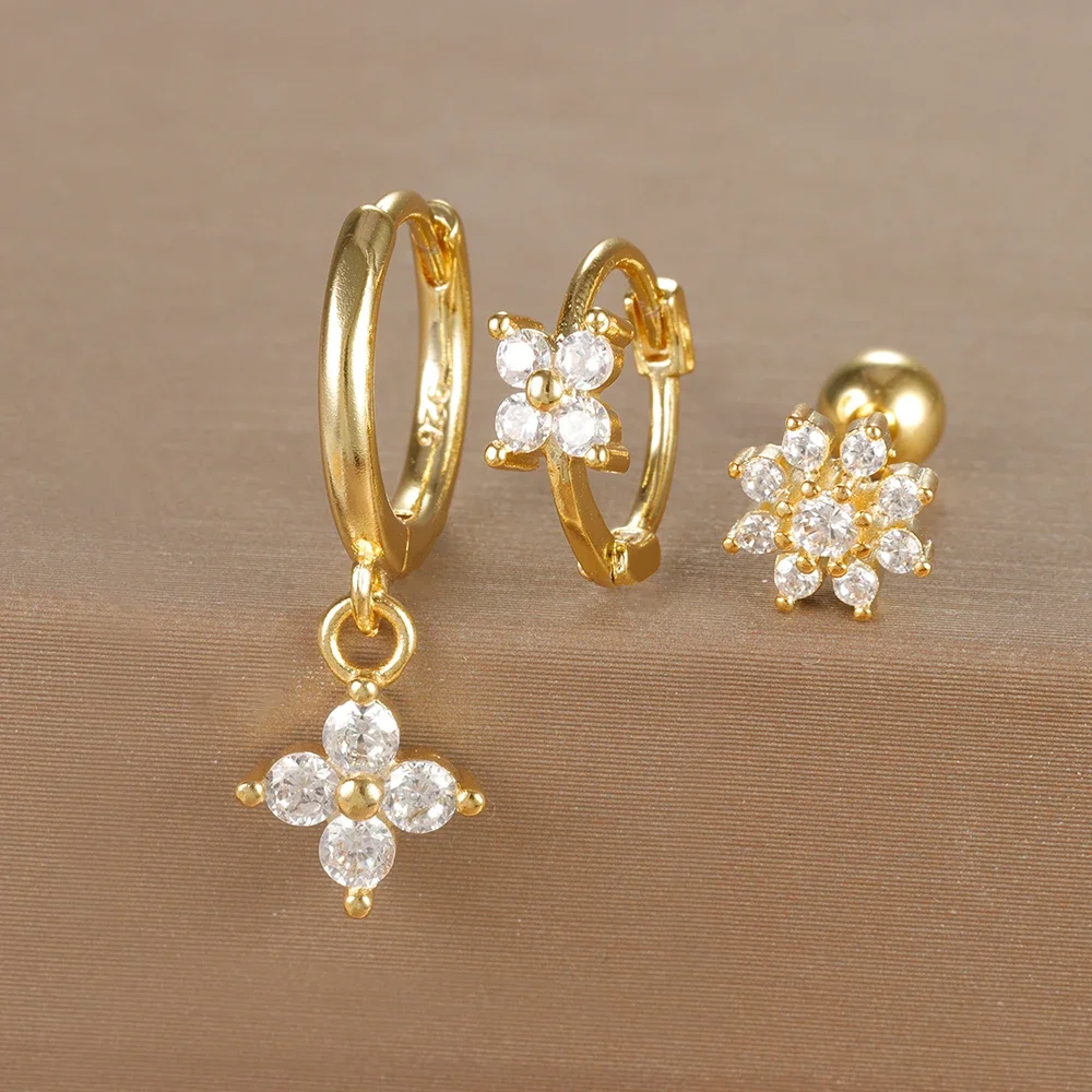 3PCS Stainless Steel Flower Cubic Zirconia Hoop Earrings Set For Women Gold Color Piercing Earring Vintage Waterproof Jewelry