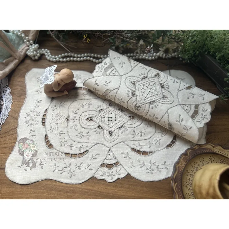2pcs-export-medieval-grey-embroidered-cotton-and-linen-handmade-hollowed-out-placemat-handkerchief