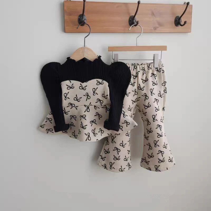 

2025 Autumn New Kids Girls Bow Clothes Set Baby Girl Puff Sleeve Tops + Flared Pants 2pcs Suit Cotton Children Clothes Outfits