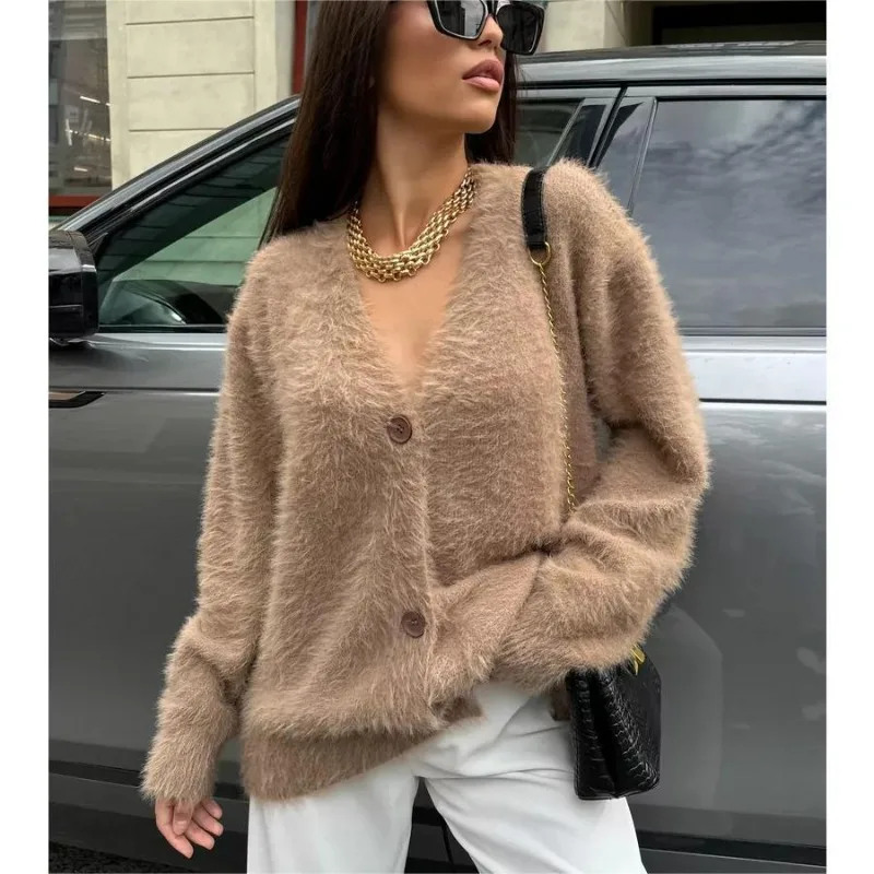 

Women's Spring Autumn Knit Sweater Button V-neck Faux Sable Lazy Casual Designed Vintage Niche Thin New Fashion Loose Brand Soft