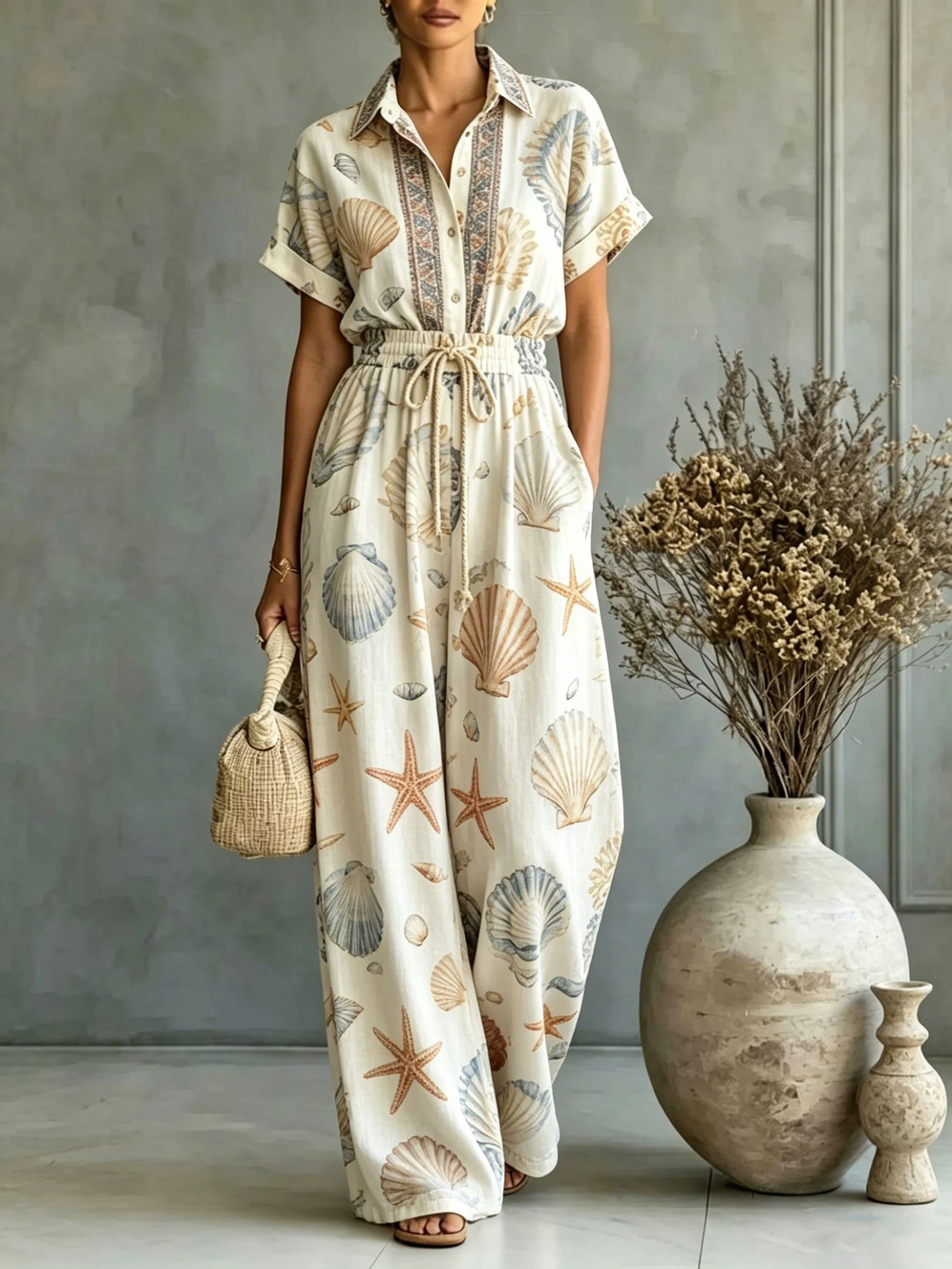 

Women‘s Seashell & Starfish Printed 2 Piece Sets Outfits Summer Chic Halter Neck Sleeveless V-Neck Tank Top Loose Wide Leg Pants
