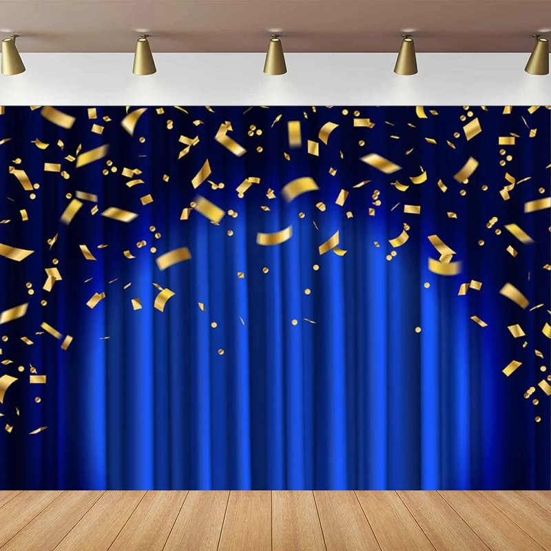 

Circus Blue Curtains Photography Backdrop Golden Confetti Background Poster Shiny Stage Photo Shoot Studio Props Supplies Banner