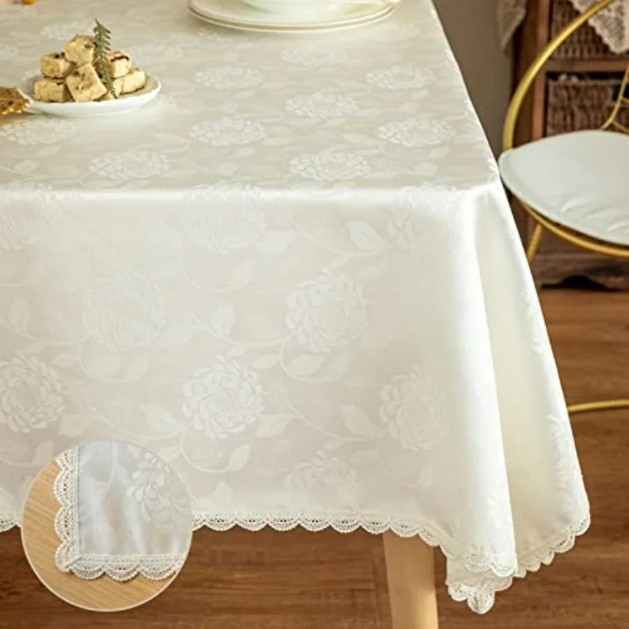 

Ivory White Rose Jacquard Textured Waterproof Spillproof Lace Trim Rectangle Tablecloth for Kitchen Dining Tabletop Decor 60x12