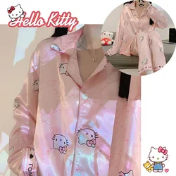 Hello Kitty Pajama Set Long Sleeve Trousers Autumn Silk Student Dormitory Home Clothes Soft Comfortable Cartoon Anima Cute Girls