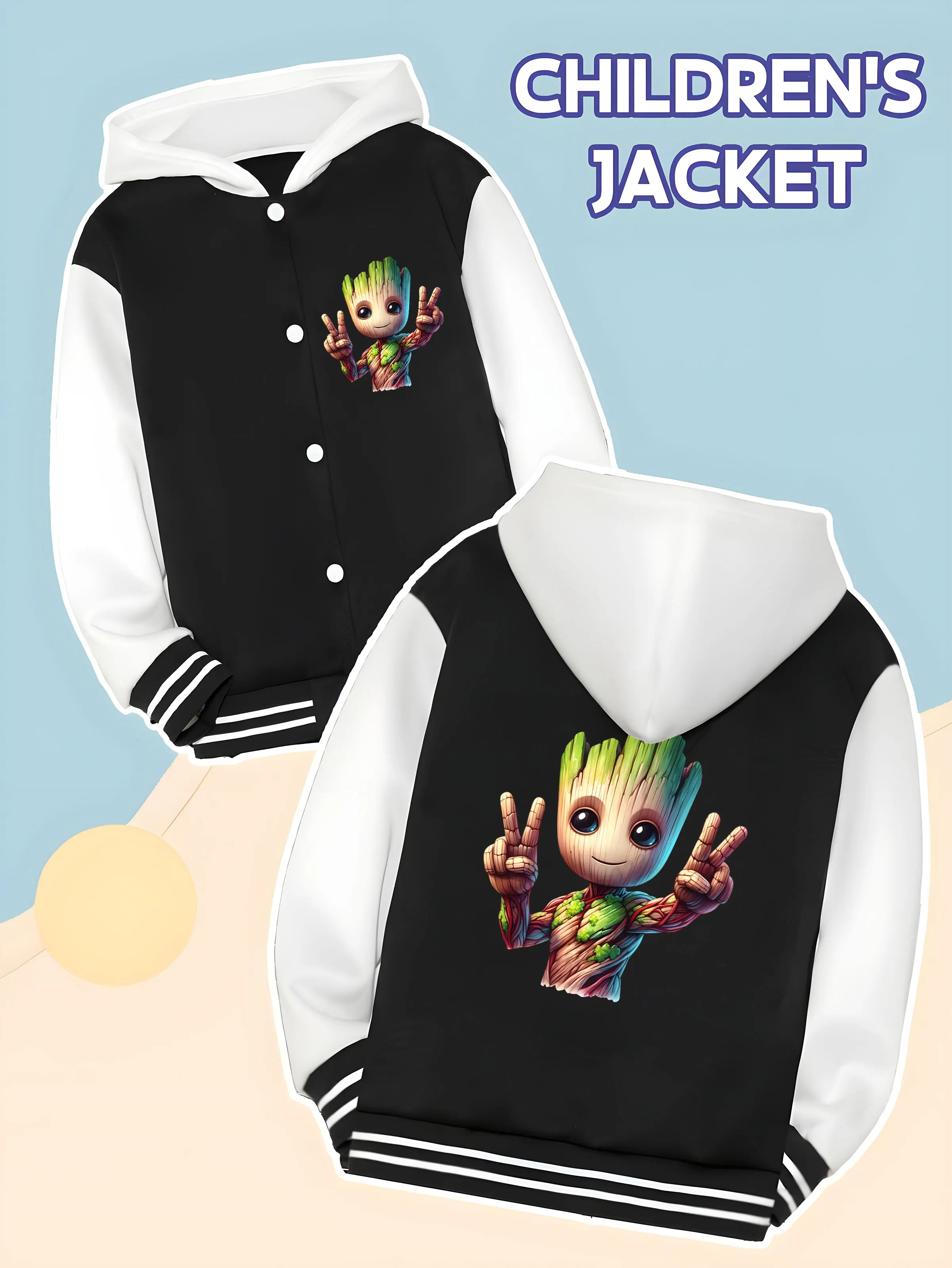 

MINISO Marvel Groot Boys' Baseball Jacket - Groot's cute "Ye" logo, double-sided print, full of cuteness, soft fabric, super cut