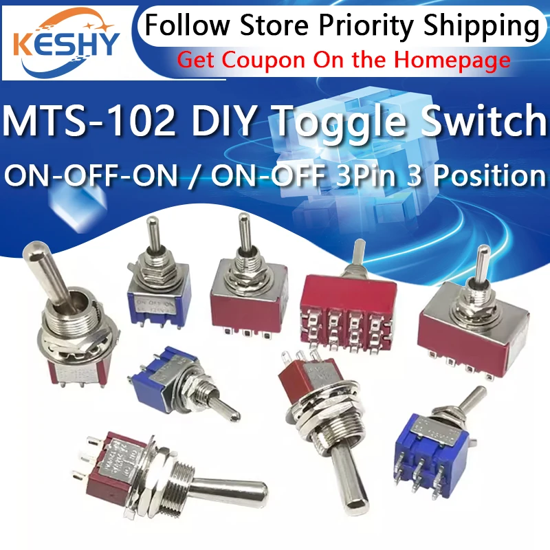 2PC MTS-102 DIY Toggle Switch ON-OFF-ON / ON-OFF 3Pin 3 Position Latching MTS-103 MTS-102 AC 125V/6A 250V/3A Power Button Switch