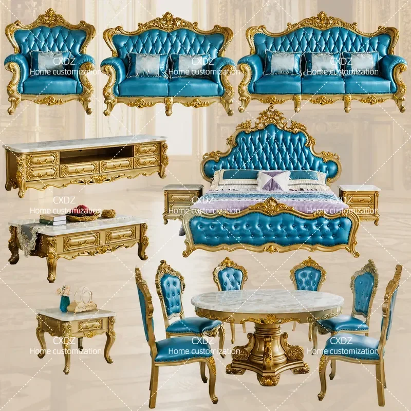 European living room furniture sofa combination, high-end luxury classical European and American solid wood whole house set,