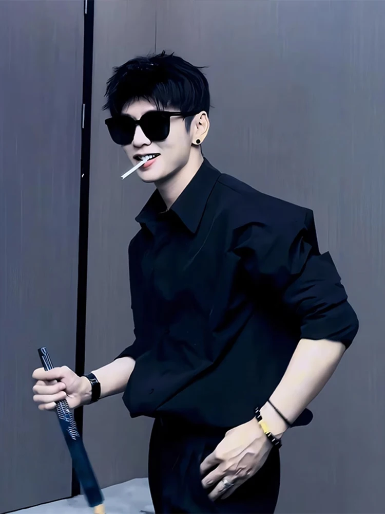 

Bla Neat Collar Long Sve irt Men's Sle Italian Neapolitan Godfather Suit Inner Wear Trendy Casual Loose Fit Youth