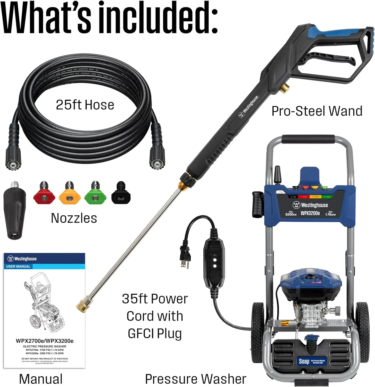 WestinghouseWPX3400e Electric Pressure Washer, 2.0 Max GPM, Brushless Motor, Onboard Soap Tank, Spray Gun and Wand, 5 Nozzle Set