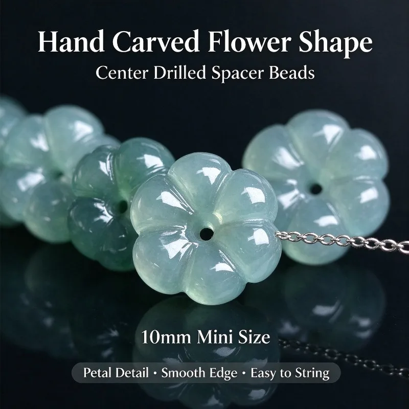 10PC Hand Carved Natural Burma Blue Water Jadeite Five Petal Flower Loose Gemstone Beads DIY Bracelet Earring Making Accessories