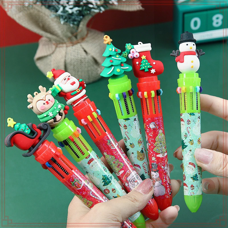 8 Pcs Wholesale Cartoon 10 Colors Christmas Ballpoint Pens, Snowman Christmas Tree Snowman Deer Socks Office Stationery Set