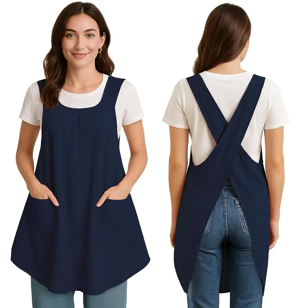 

Apron for Women with Pocket Cotton Linen, Japanese Cross Back Apron for Gardening Painting