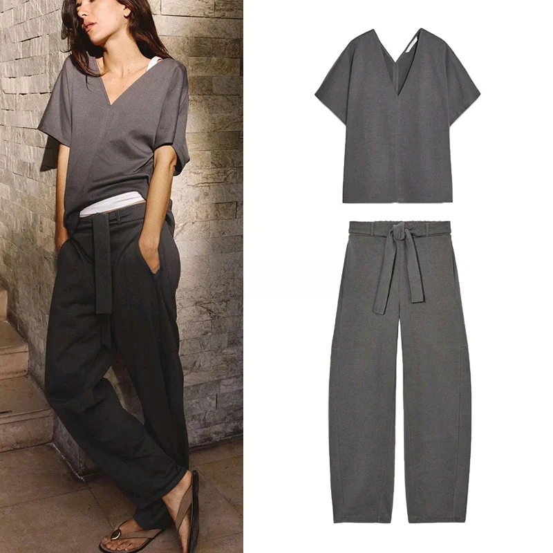 

Хлопок Slim Fit V Ne ort Sve T irt с поясом Широкая талия Повседневные длинные брюки Faionable Комплект из двух предметов для женщин