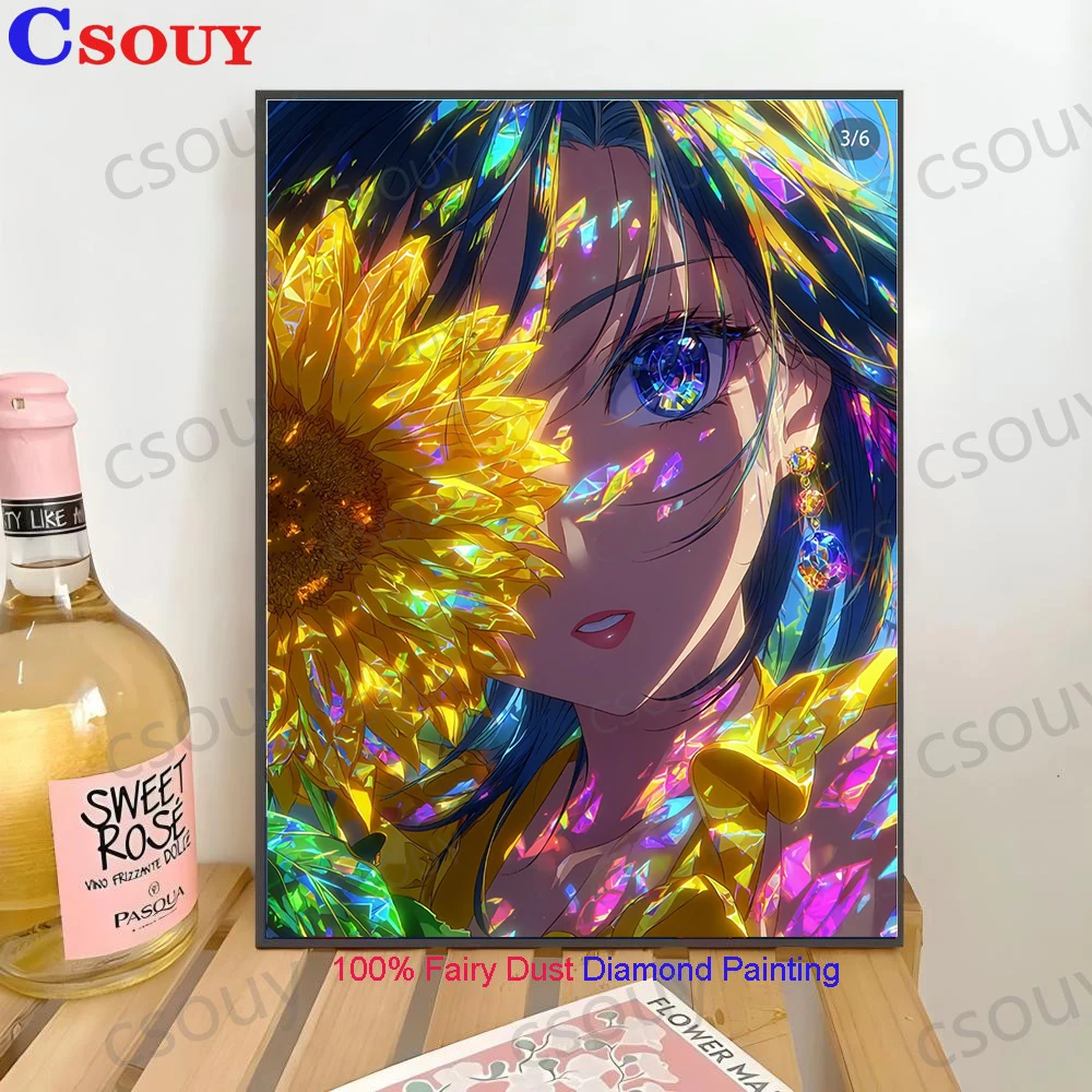 100% Fairy Dust Diy Diamond Painting Cross Stitch Sunflower Girls Diamond Embroidery Square Mosaic Home Decor Needlework Crystal