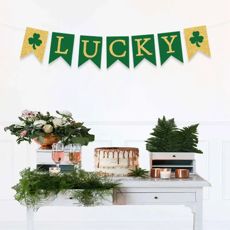 Green Gold Clover Lucky Happy Birthday Swallowtail Flags Hanging Banners for St Patrick's Day Themed Birthday Party Decorations