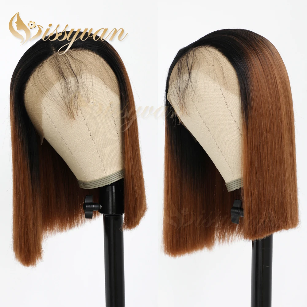 Missyvan Brown Ombre Color Short Bob Hair with Babyhair Synthetic Lace Front Wigs for Black Women