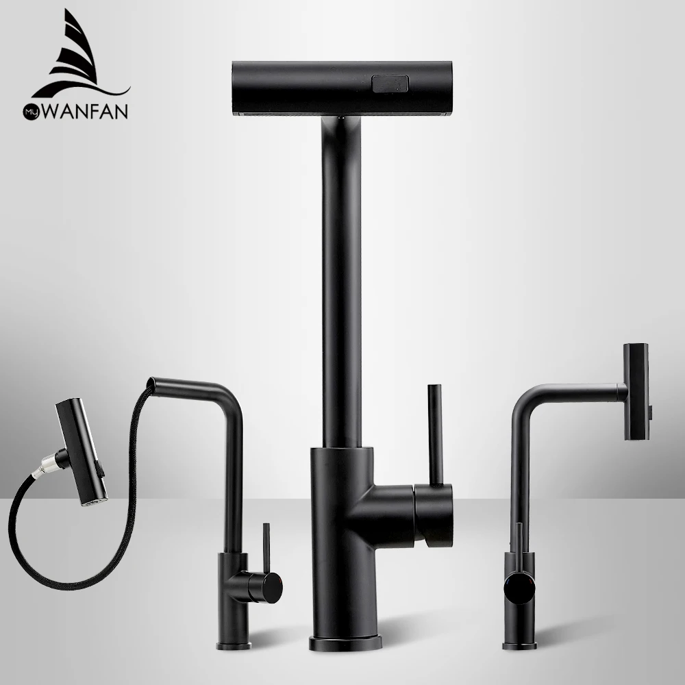 Black Nickel 304 Stainless Steel Pull-out Kitchen Faucet Waterfall Mixed Water Sink Tap Multi-function Rinse Rotate 3668