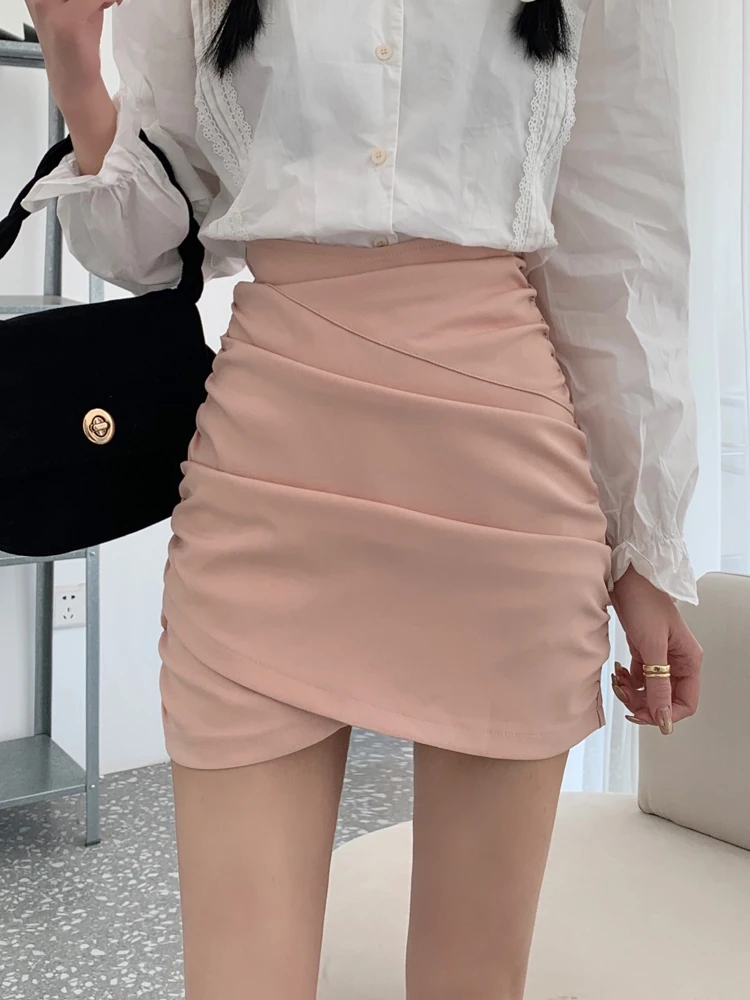 

Women Pencil Skirt Summer Folds Cross Chic Ladies Pink Mini Skirt Korean Zipper Preppy Style Girls tight Skirt 2022