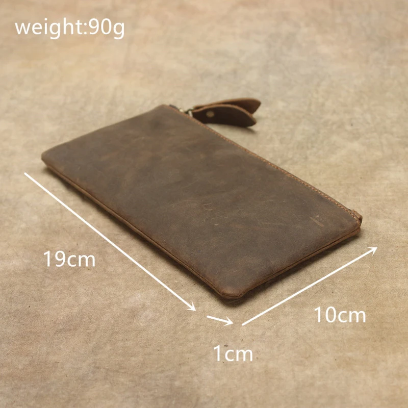 Retro Ultra‑thin Crazy Horse Genuine Leather Long Wallet Minimalist Men's Cowhide Phone Bag Korean Style Women Clutch Handbag
