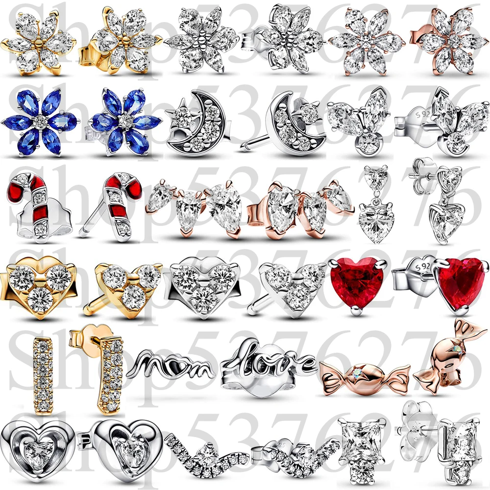 925 Sterling Silver Herbarium Cluster Star Moon Love Mum Radiant Double Heart Fashion Stud Earrings For Women Gift DIY Jewelry