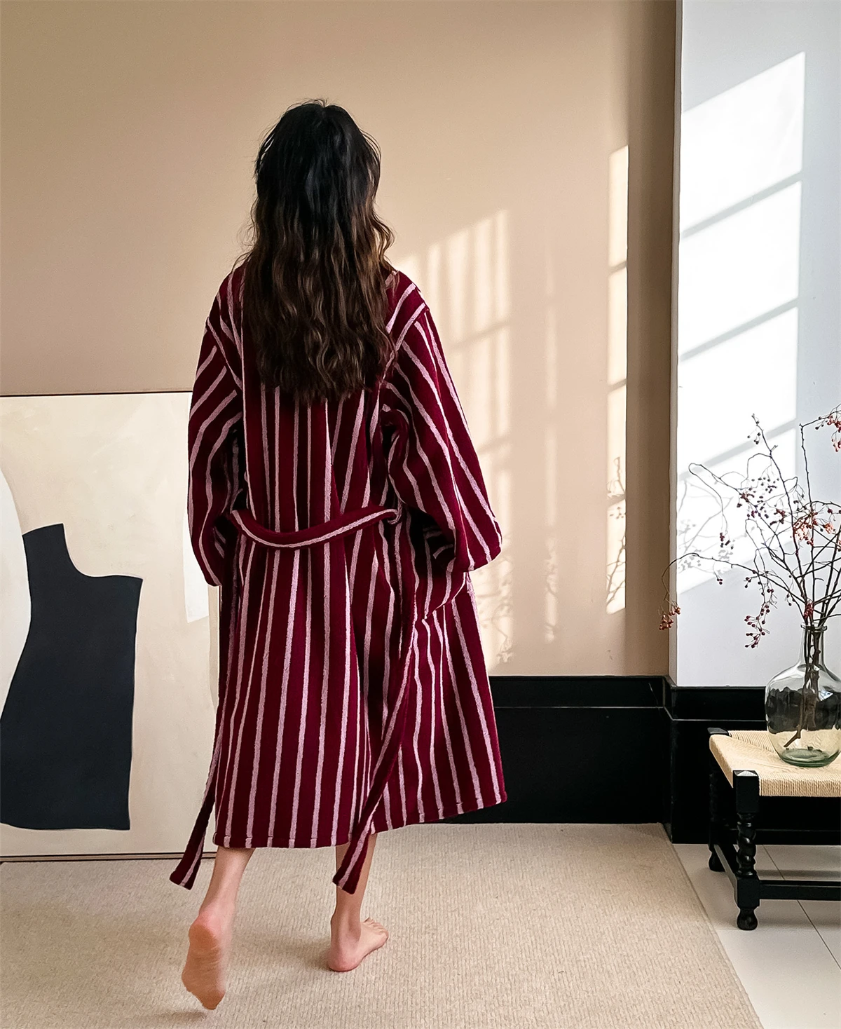 Simple Yarn-dyed Long Staple Cotton Absorbent Bathrobe for Couples, Loose Striped Home Robe, Winter