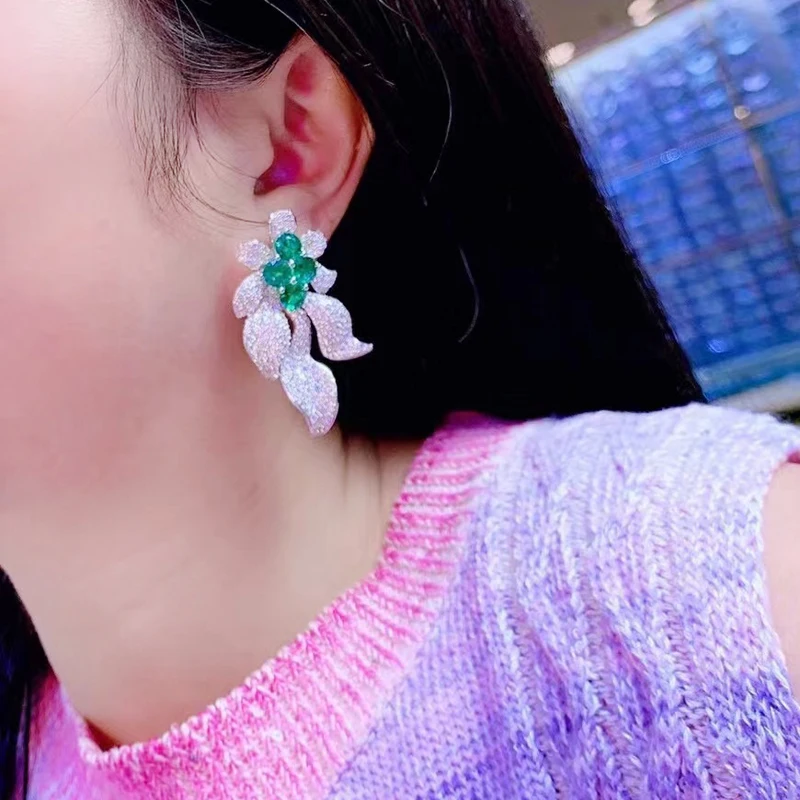 

Luxury Jewelry Leaf Flower Earring For Women Fine Romantic 925Sterling Silver With Cubic Zirconia Wedding Party Elegant Classic