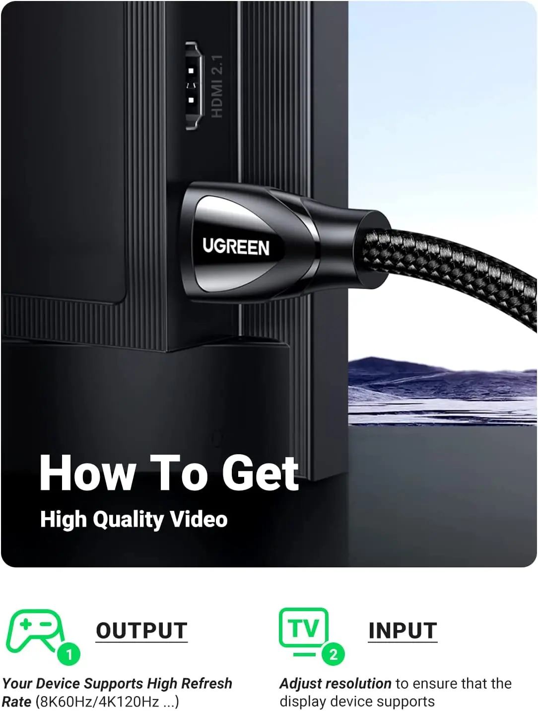 كابل UGREEN 8K HD-MI بتقنية المستقبل-8K@60 هرتز HD-MI كابل 2.1 6.6FT 48Gbps فائق السرعة