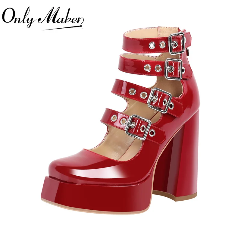 Onlymaker Women Red Gladiator Buckle Platform Pumps Block Heel Fashion Gothic Elegant Punk Shoes