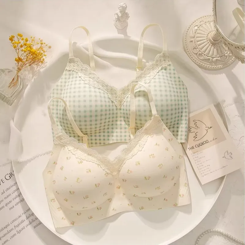 Women Sexy Lace Floral Bras Cute Bows Comfortable Anti-Sagging Seamless Wireless Push-up Brassiere Underwear for Small Cup Size