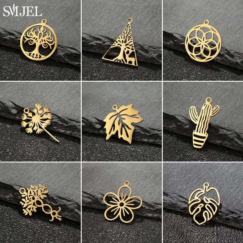 5pcs Cute Stainless Steel Flower Charms for Jewelry Making Cactus Dandelion Maple Leaf Pendant Mini Charm Bracelet Earrings DIY