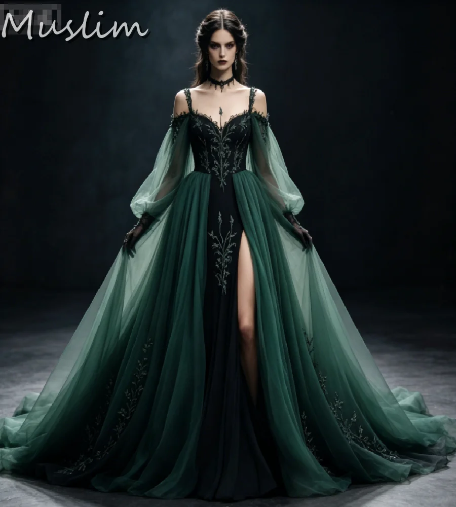 Schwarzes Dunkelgrünes Gotisches Hochzeitskleid mit Schulterfreiem Ausschnitt, Puffärmeln, Transparenten Ärmeln, Spaghetti-Trägern, Blattspitze, Mittelalterliches Keltisches Brautkleid 2026