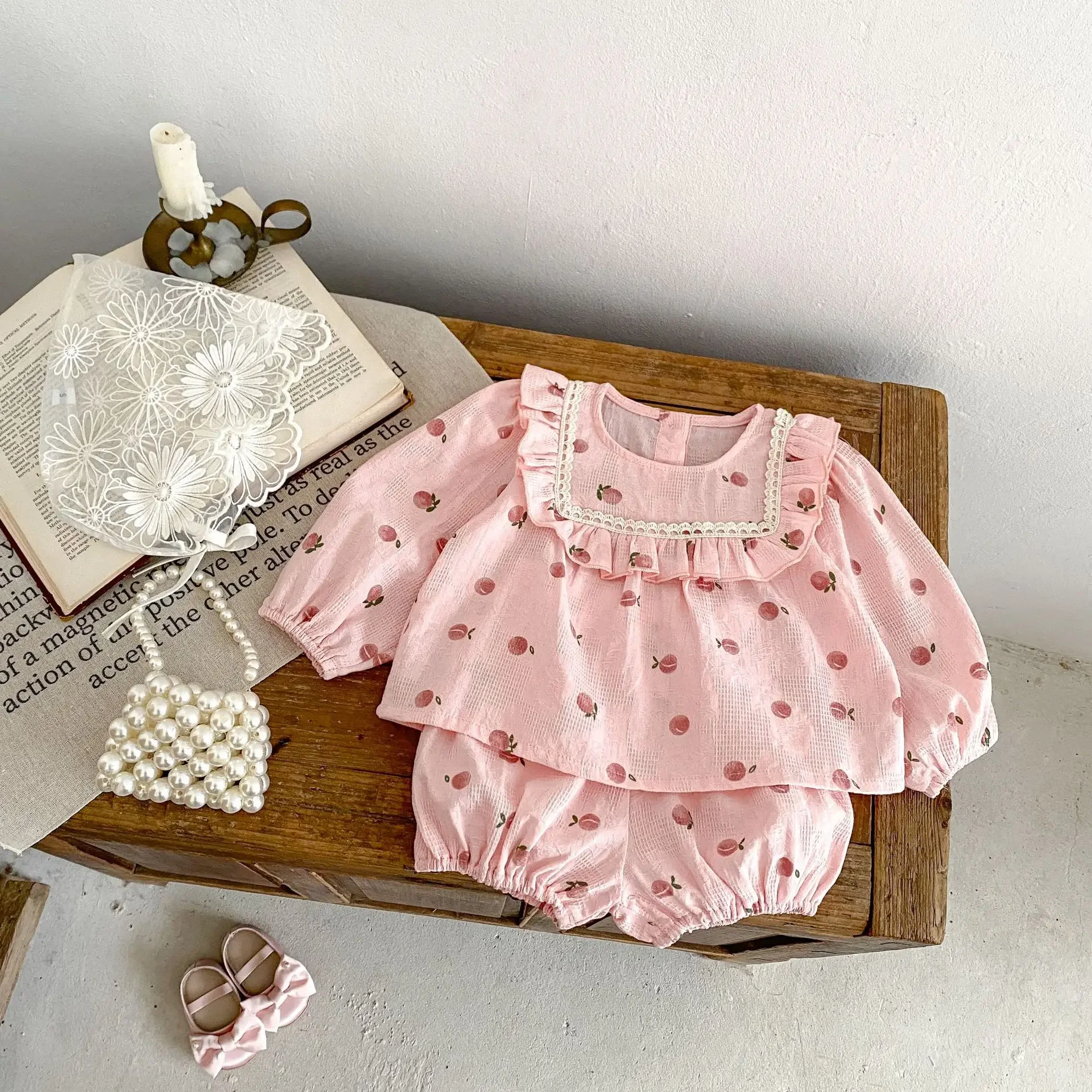 2024 Girls Autumn Clothes Baby Girl Skin Friendly Cotton Set Peach Printed Long Sleeve Top Shorts Two Piece Set