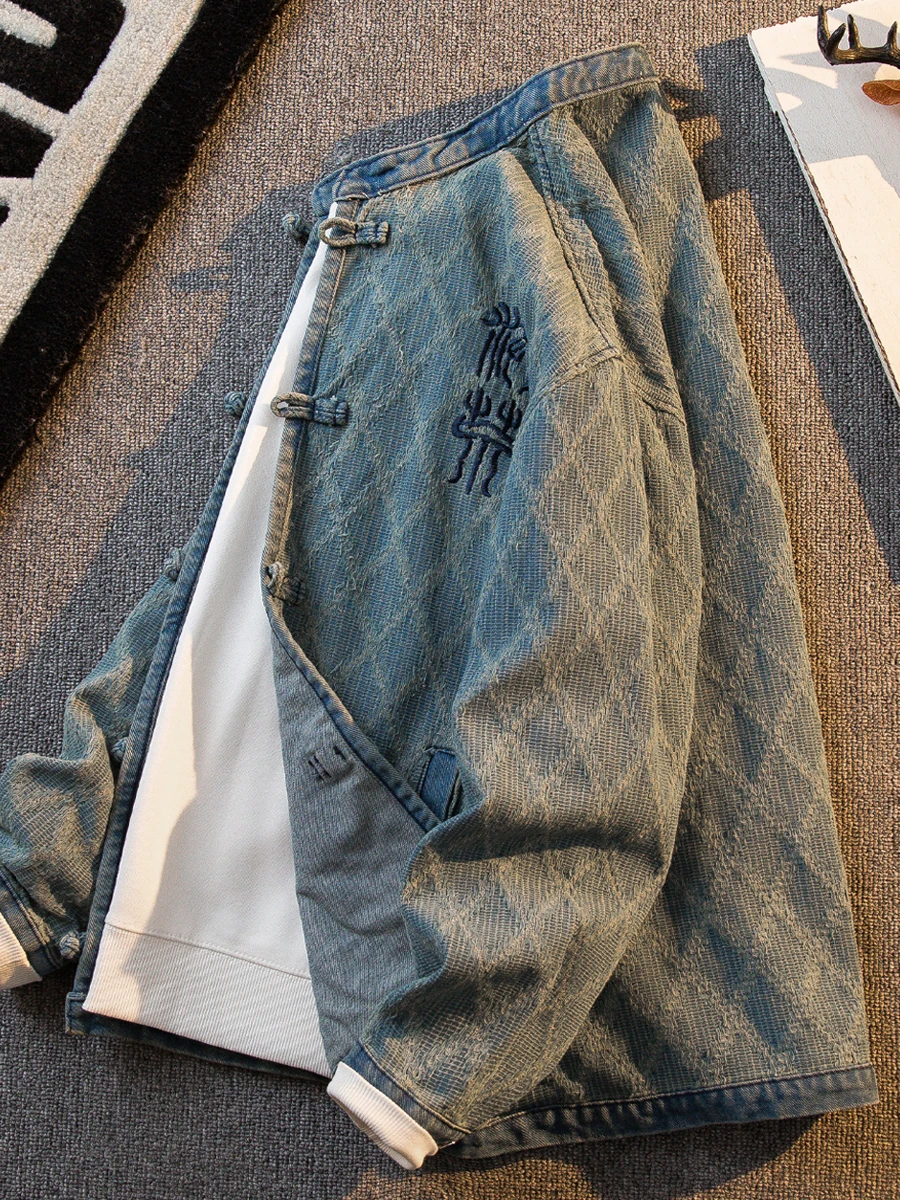 

Men's Vintage Diamond Jacquard Embroidered Denim Kimono Streetwear Frog Button Collarless Jacket Washed Distressed Robe Coat