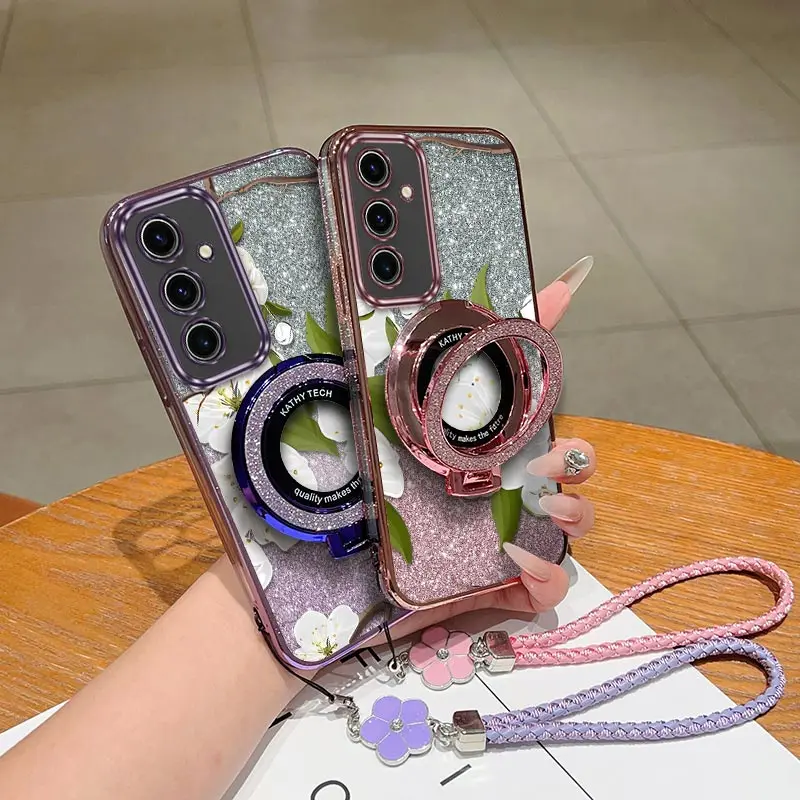 

S24 White flowers Plating Bracelet Holder Phone Case For Samsung S24 S24FE S25 S23FE S25Plus S23 S24Plus S23Plus S22 Cover