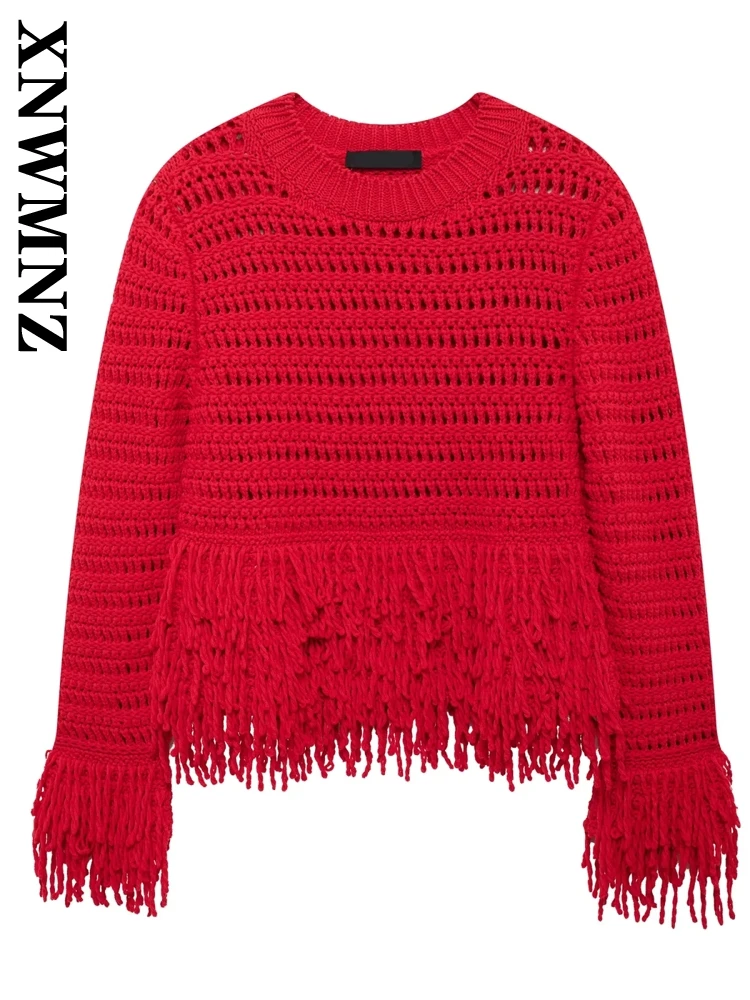 XNWMNZ Woman's 2024 Autumn Fashion O-Collar Solid Color Knit tassel Sweater Top Female Casual Long Sleeve Jumper Long Sleeve Top