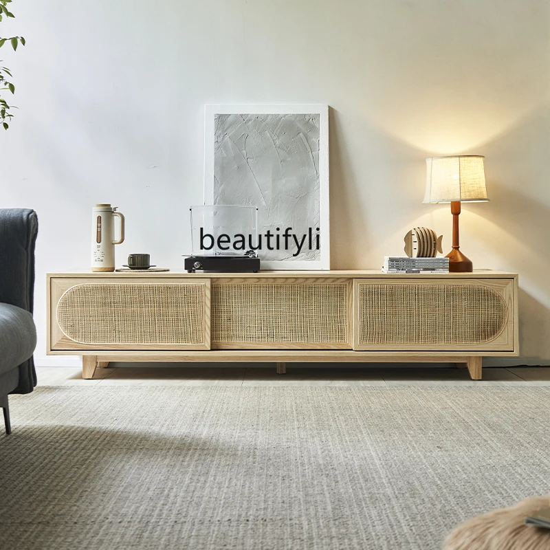 

Japanese-style simple rattan solid wood TV cabinet, small apartment floor-to-ceiling log storage cabinet, Nordic living room