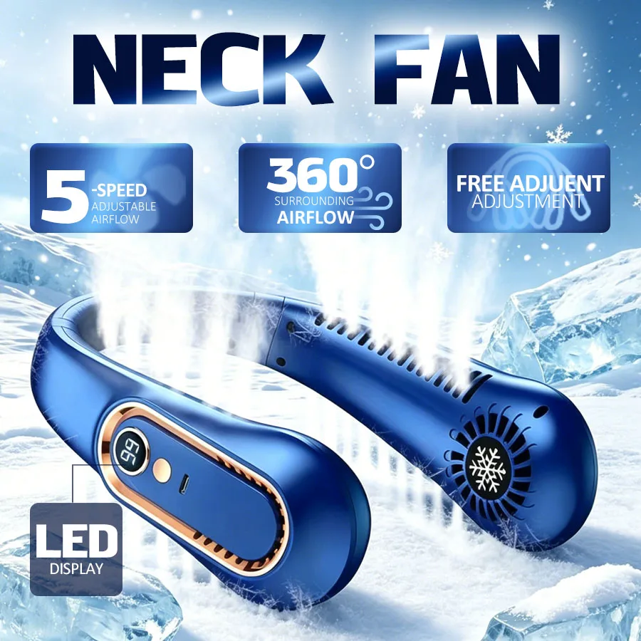Portable Neck Fan, 5 Speeds, LED Screen, 360° Cooling, Quiet