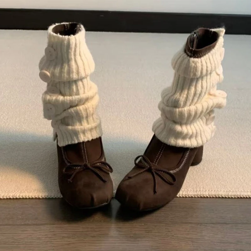 Bow High Heels Women Boots New Mary Jane Shoes 2025 Winter Designer Suede Chelsea Boots Chunky Dress Lolita Shoes Mujer Botas